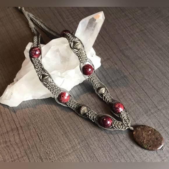 Earth Art hand crafted artisan Jewelry - Handcrafted Dragons Blood Gemstone Beaded Macrame Necklace